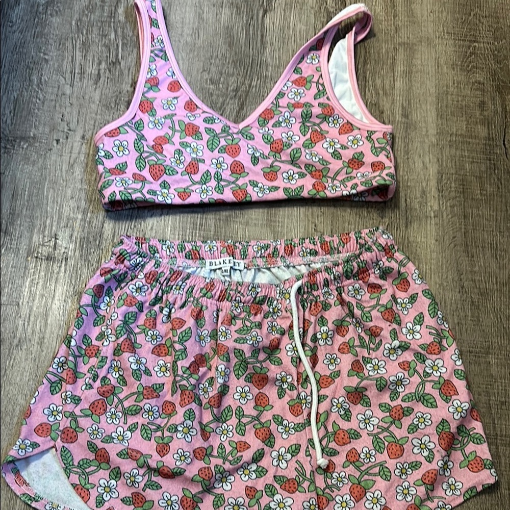 Pink Strawberry Print Bralette and Shorts matching set